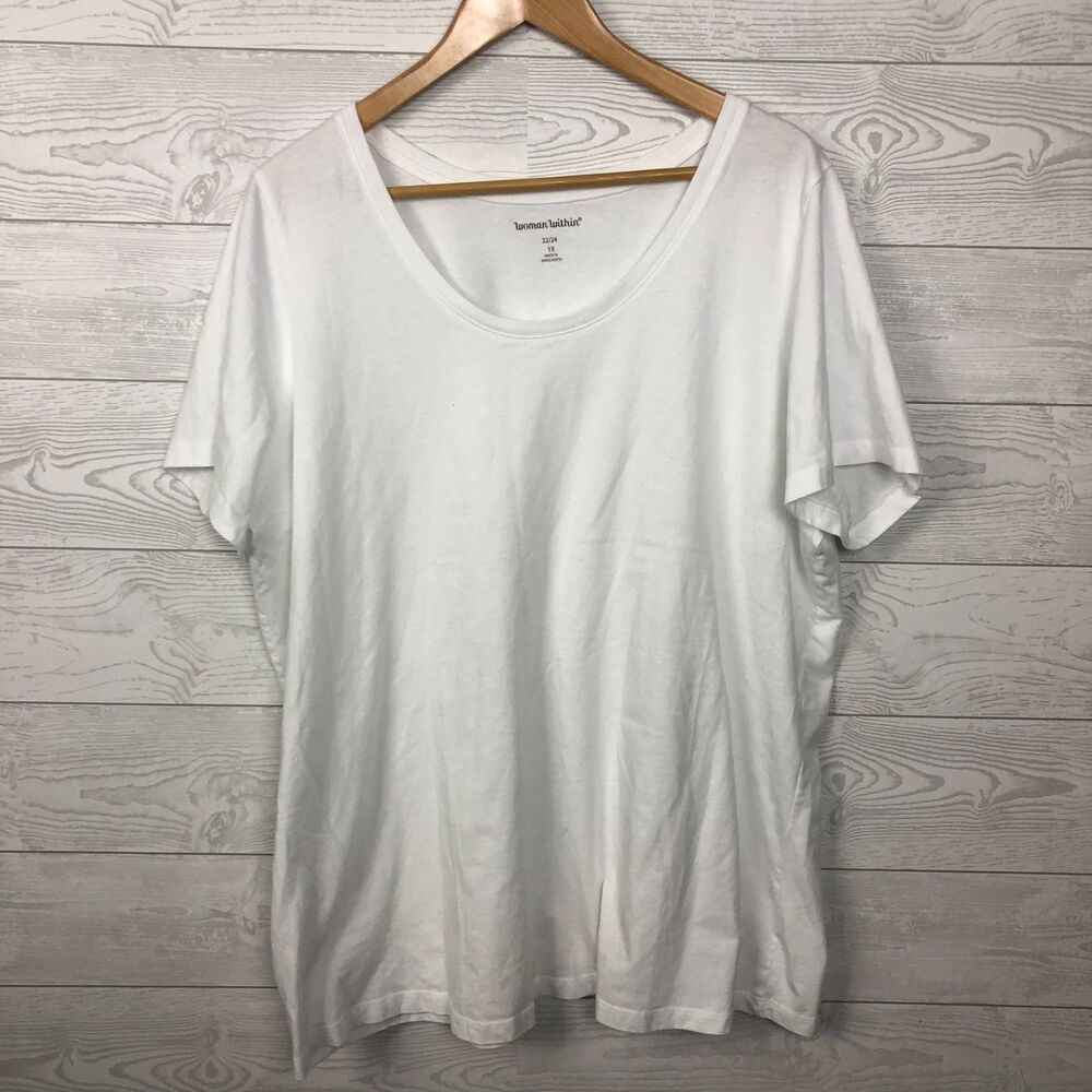 Woman Within Size 1X 22/24 Short Sleeve Tee Shirt Scoop Neck 100% Cotton White